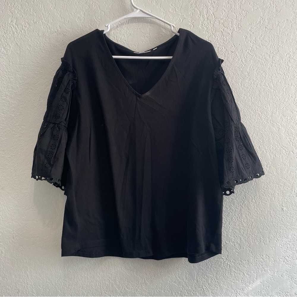 Chicos Top Womens 2 US Large Black Flutter Eyelet Sleeve Artsy Boho Dainty